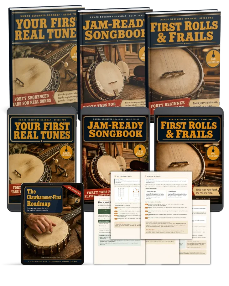 The Beginner Banjo System — roadmap cover, three songbook covers and tablet mockup